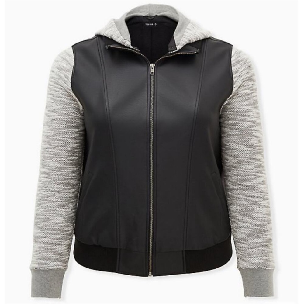 torrid Black Faux-Leather Bomber Jacket with Gray Knit Sleeves